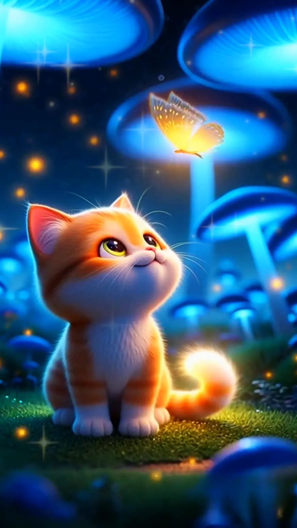 Miko the happy orange cat in a dream forest